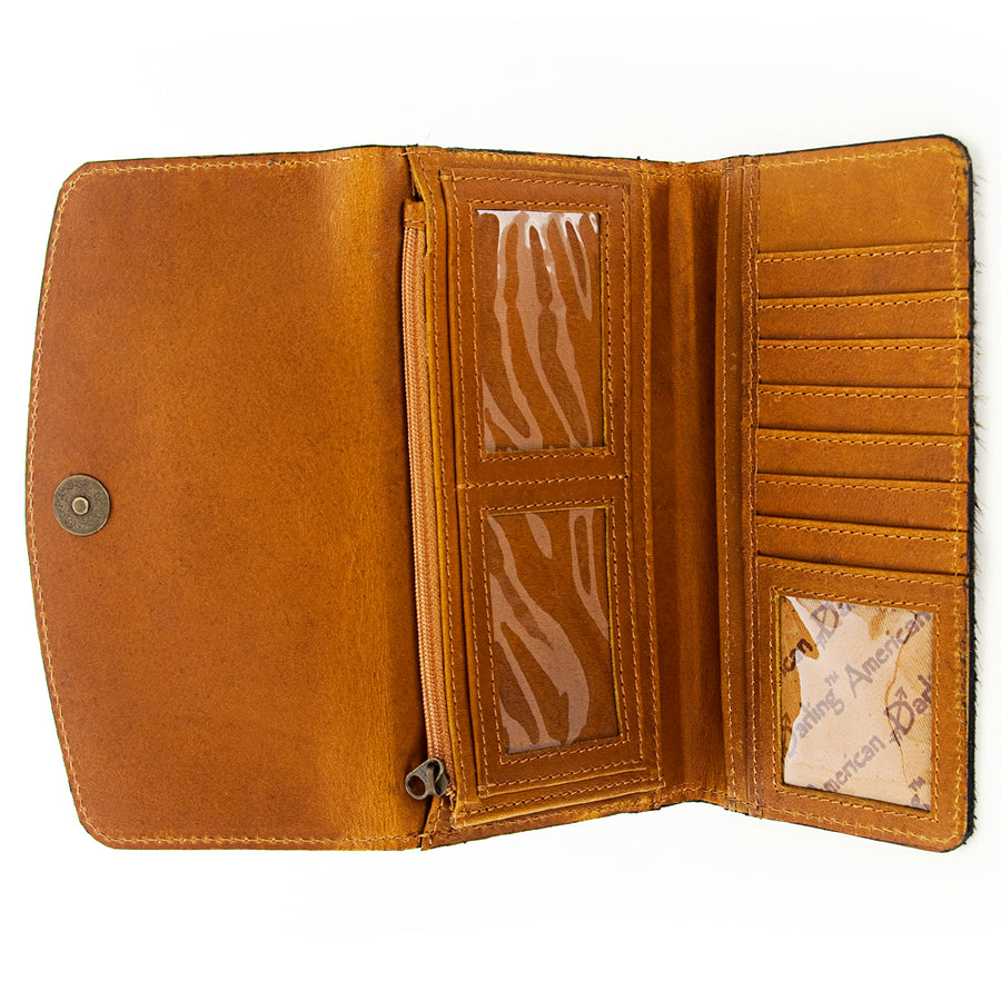 American Darling Wallet Bag Hand Tooled Floral Carved Panel Hair-On Cowhide Leather Purse with YKK Zipper