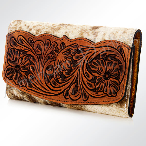 American Darling Hand Tooled Floral Leather and Hair-On Cowhide Western Wallet Bag - Uhorse