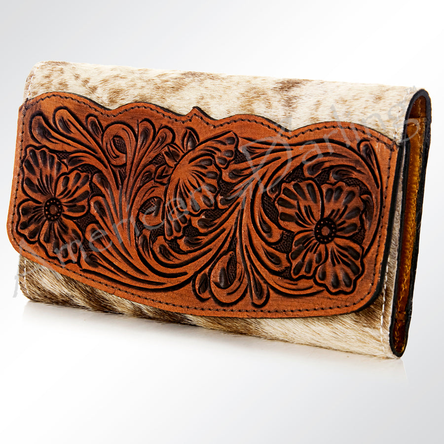 American Darling Hand Tooled Floral Leather and Hair-On Cowhide Western Wallet Bag - Uhorse