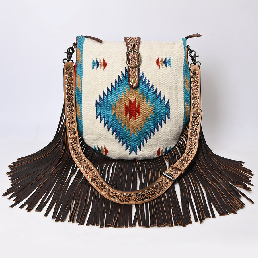 American Darling Large Cross body Bag Hand Crafted Woven Saddle Blanket Leather Purse Fringes Buck stitched YKK Zipper
