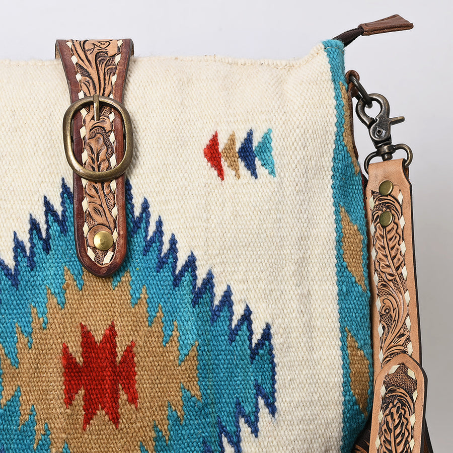 American Darling Large Cross body Bag Hand Crafted Woven Saddle Blanket Leather Purse Fringes Buck stitched YKK Zipper