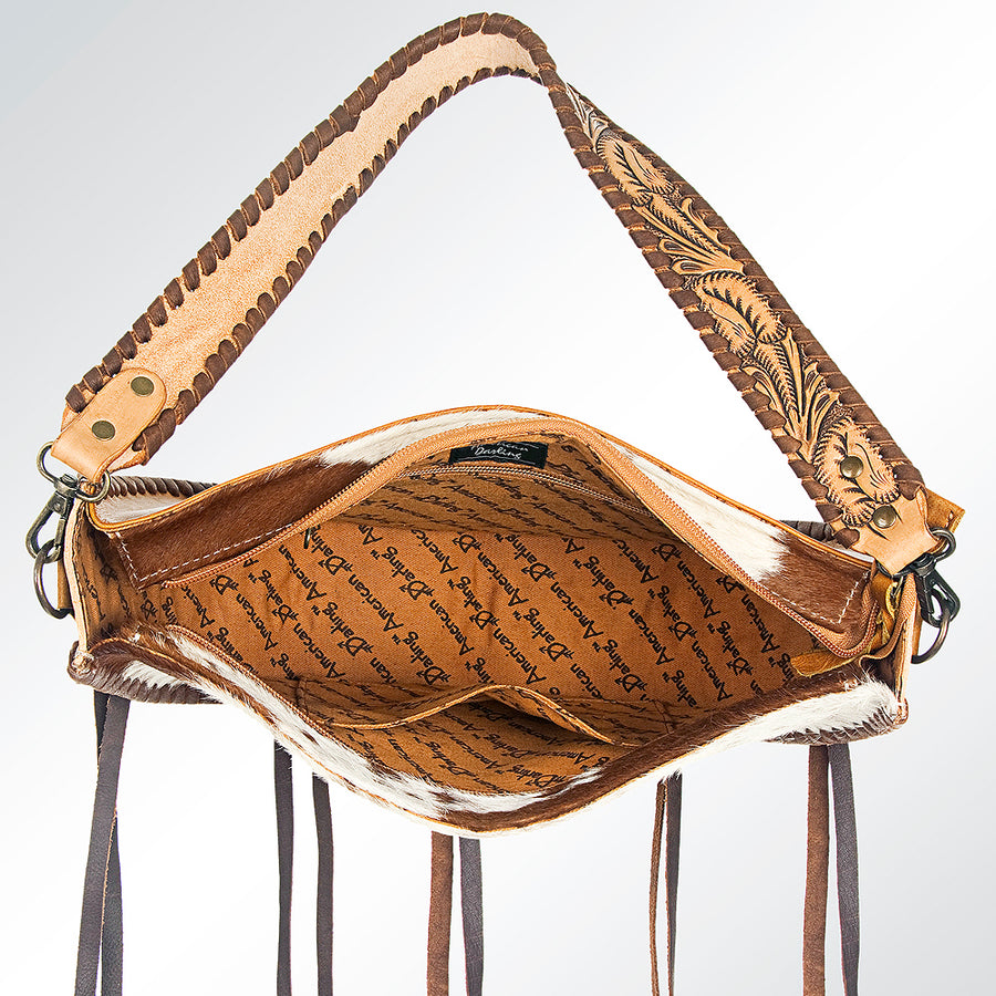 American Darling Hobo Bag Hand Tooled Floral Carved Hair-On Cowhide Genuine Leather Purse Fringes Braided YKK Zipper