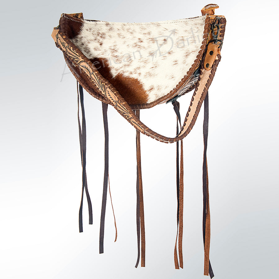 American Darling Hand Tooled Floral Leather and Hair-On Cowhide Western Hobo Bag - Uhorse