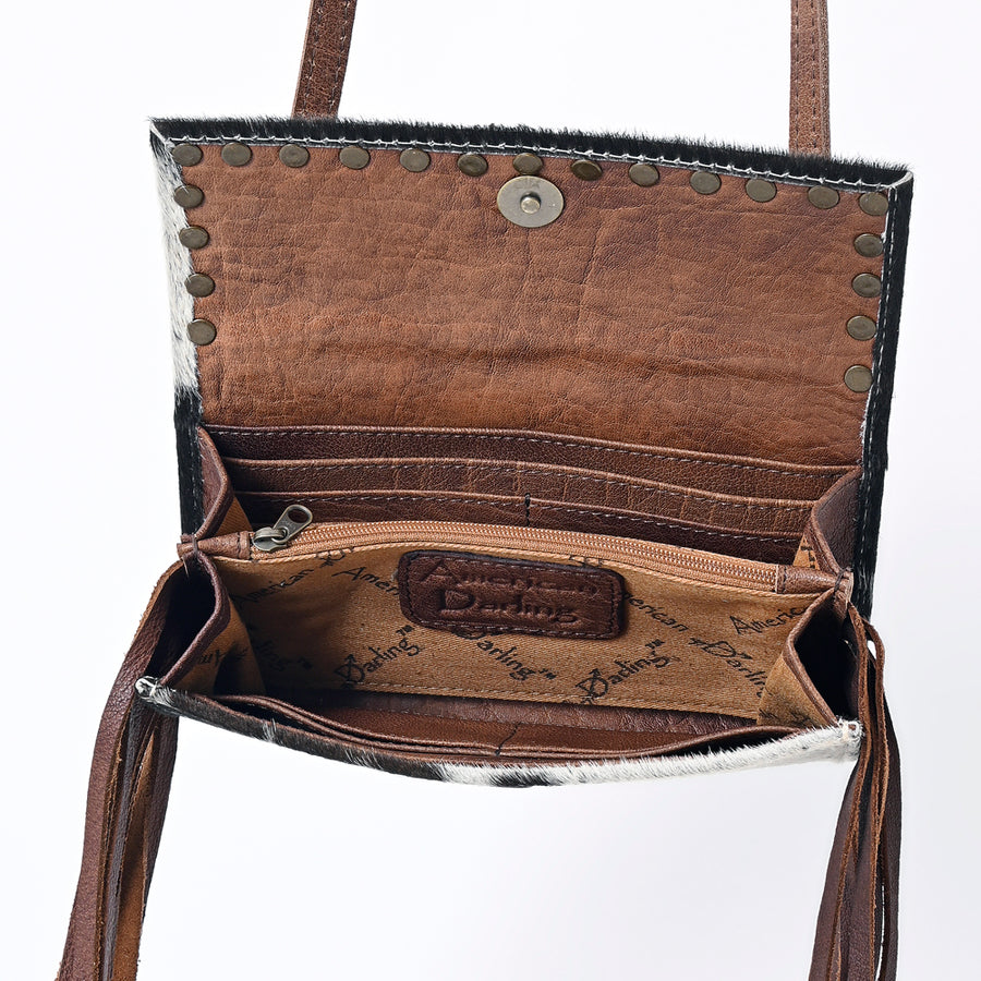 American Darling Wallet Bag Hair-On Cowhide Genuine Leather Western Purse Rivetted with Fringes and YKK Zipper