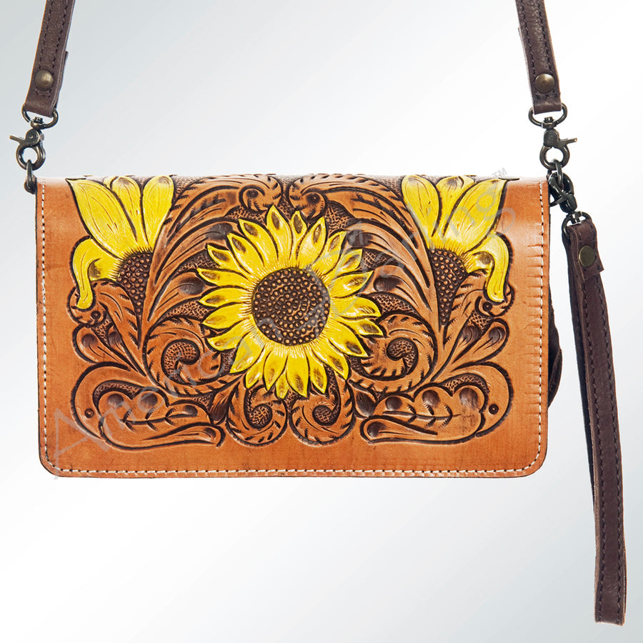 American Darling Organiser Bag Hand Tooled Floral Carved Genuine Leather Western Wallet Sunflower with YKK Zipper
