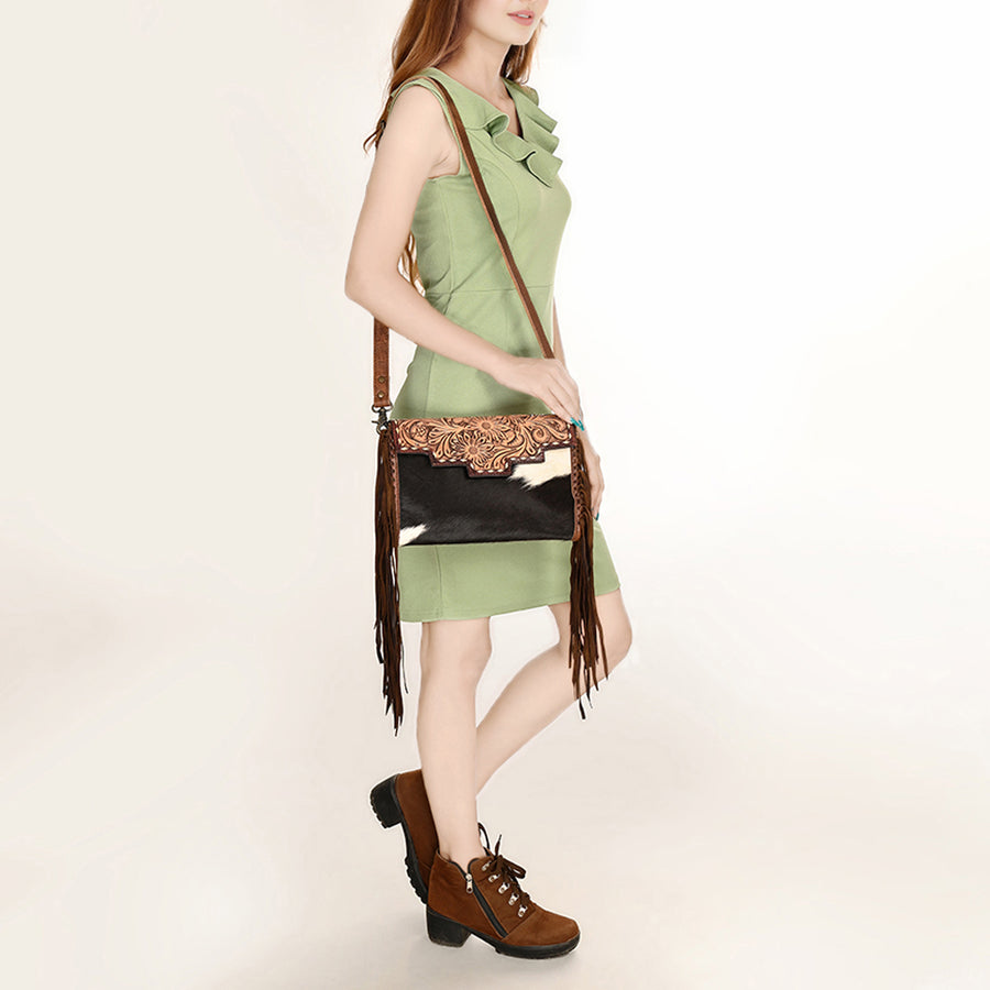 American Darling Small Cross body Bag Hand Tooled Floral Carved Hair-On Cowhide Leather Purse Fringes Buck stitched YKK Zipper