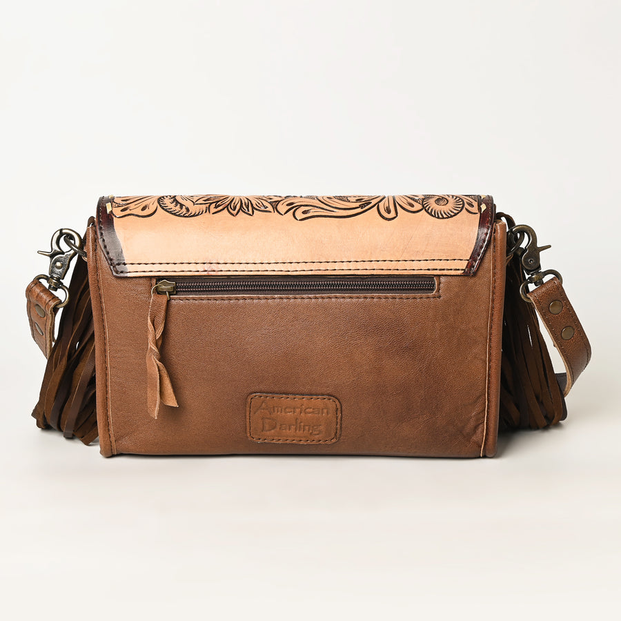 American Darling Small Cross body Bag Hand Tooled Floral Carved Hair-On Cowhide Leather Purse Fringes Buck stitched YKK Zipper