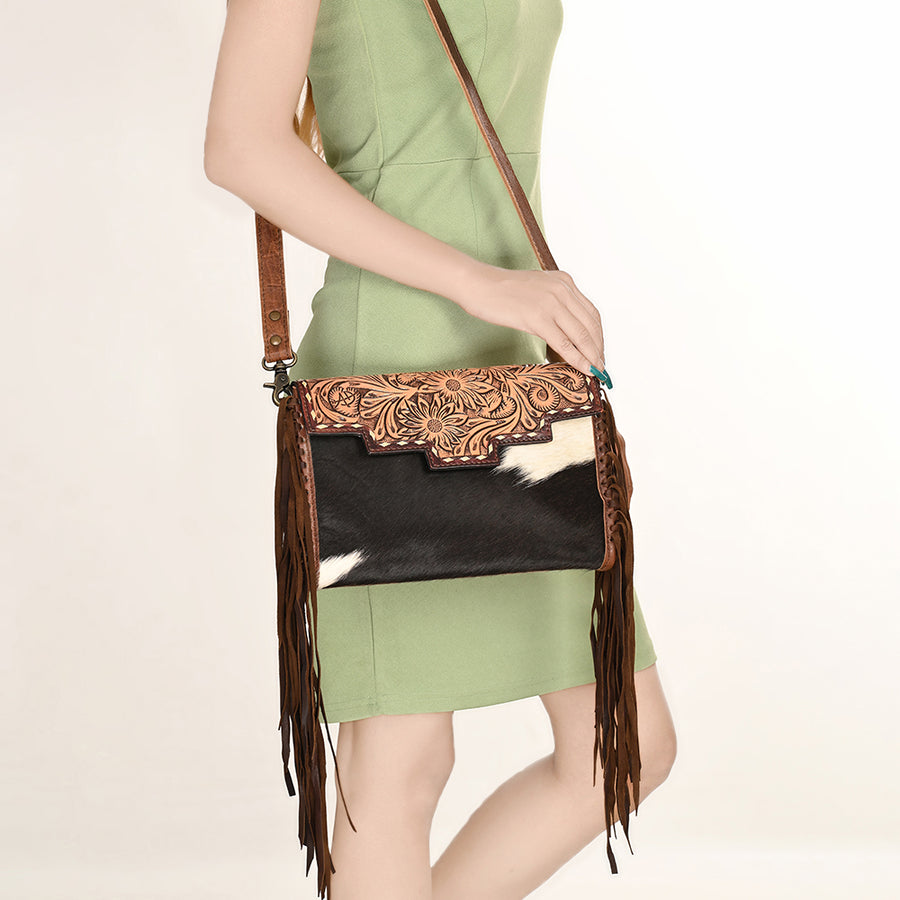 American Darling Small Cross body Bag Hand Tooled Floral Carved Hair-On Cowhide Leather Purse Fringes Buck stitched YKK Zipper
