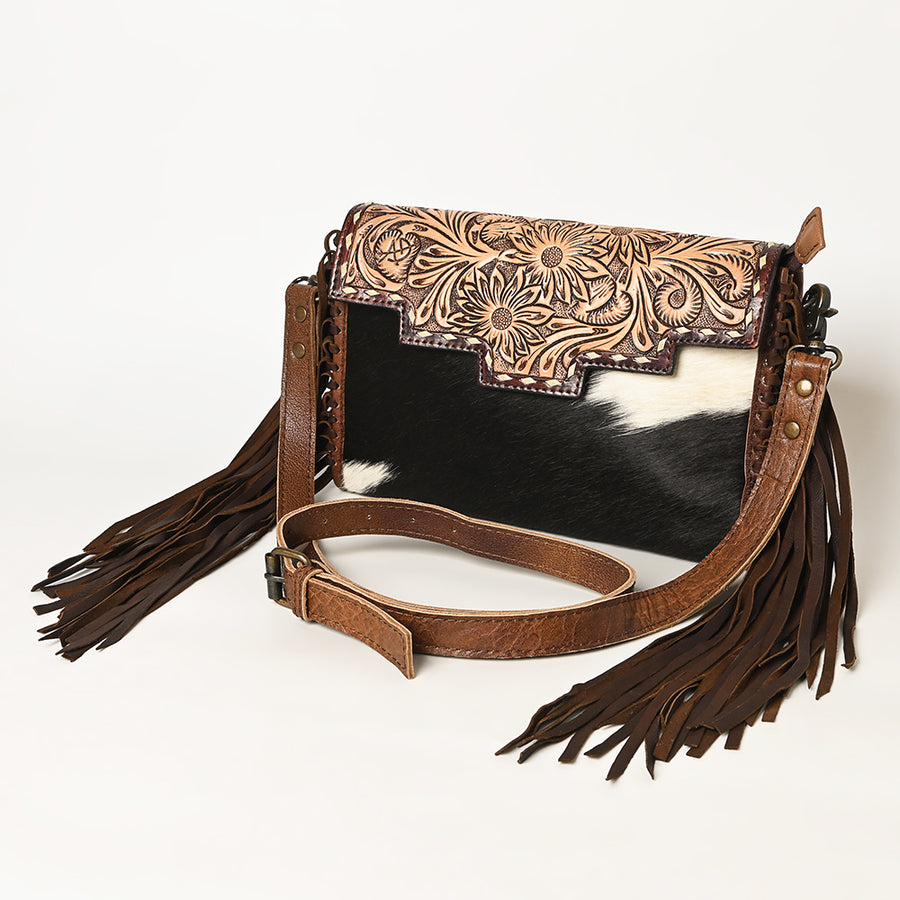 American Darling Hand Tooled Floral Leather and Hair-On Cowhide Small Cross body Bag - Uhorse