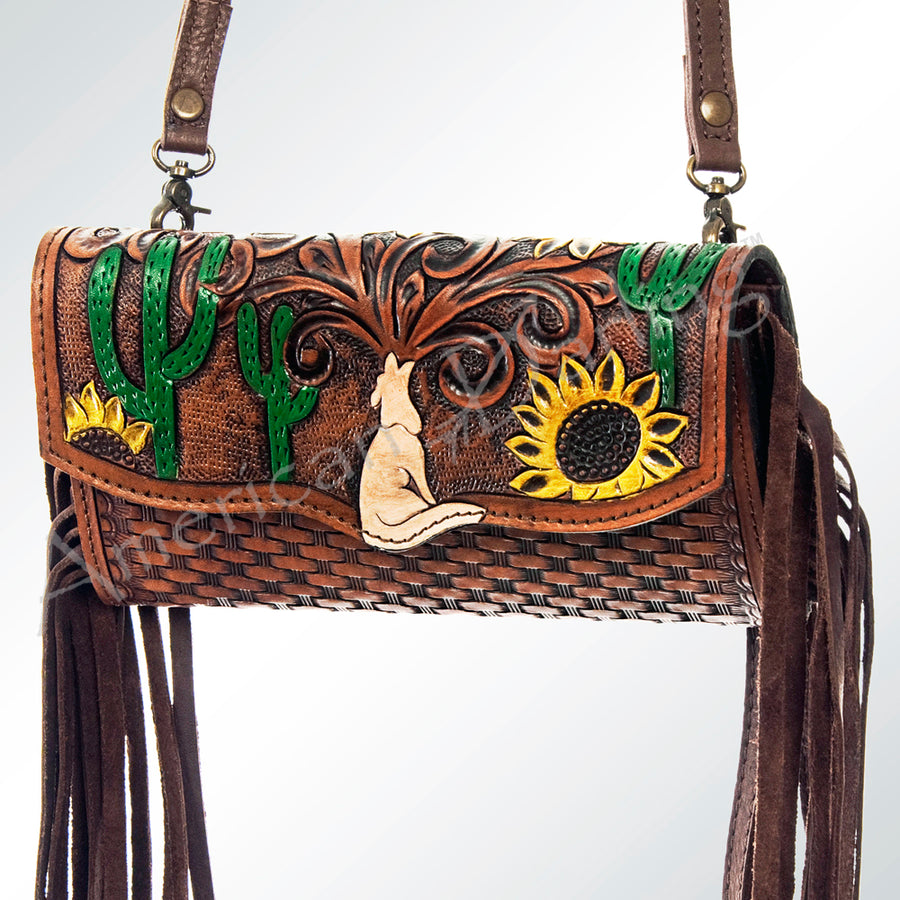 American Darling Wristlet Bag Hand Tooled Floral Carved Basket Weaving Leather Purse Fringes with YKK Zipper