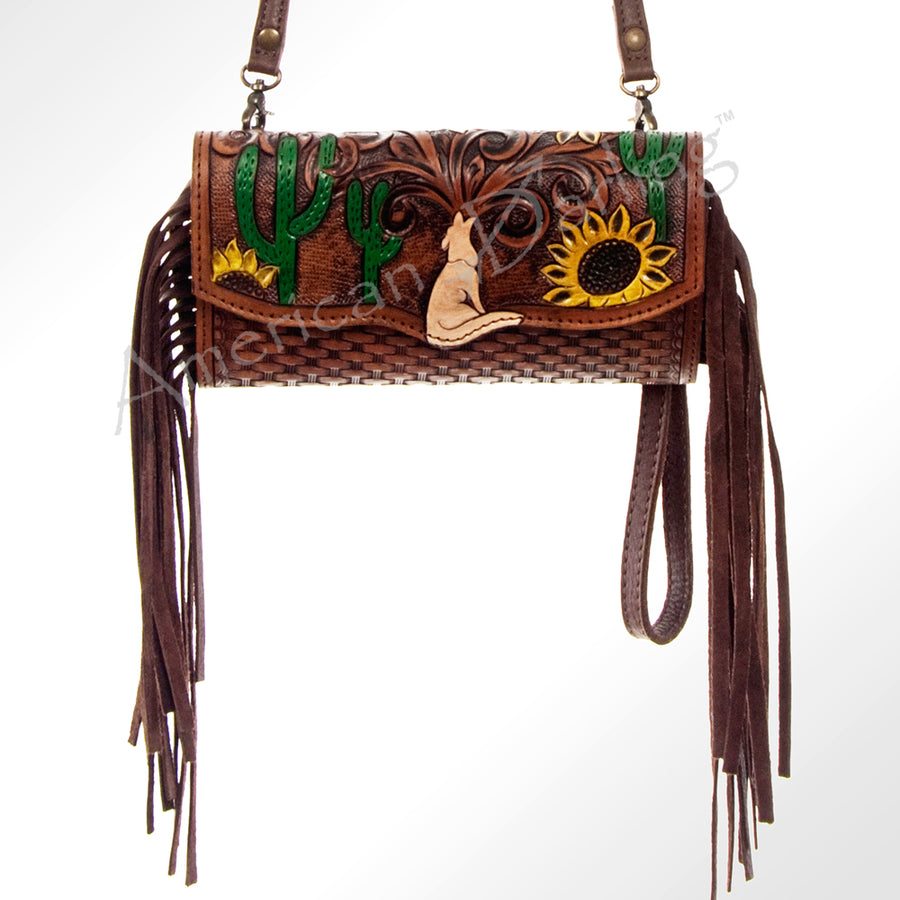 American Darling Hand Tooled Floral Leather Western Wristlet Bag with Fringes - Uhorse