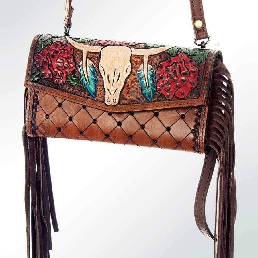 American Darling Wristlet Bag Hand Tooled Floral Carved Basket Weaving Leather Purse Fringes with YKK Zipper