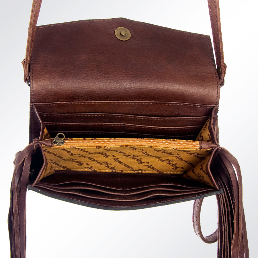 American Darling Wristlet Bag Hand Tooled Floral Carved Basket Weaving Leather Purse Fringes with YKK Zipper