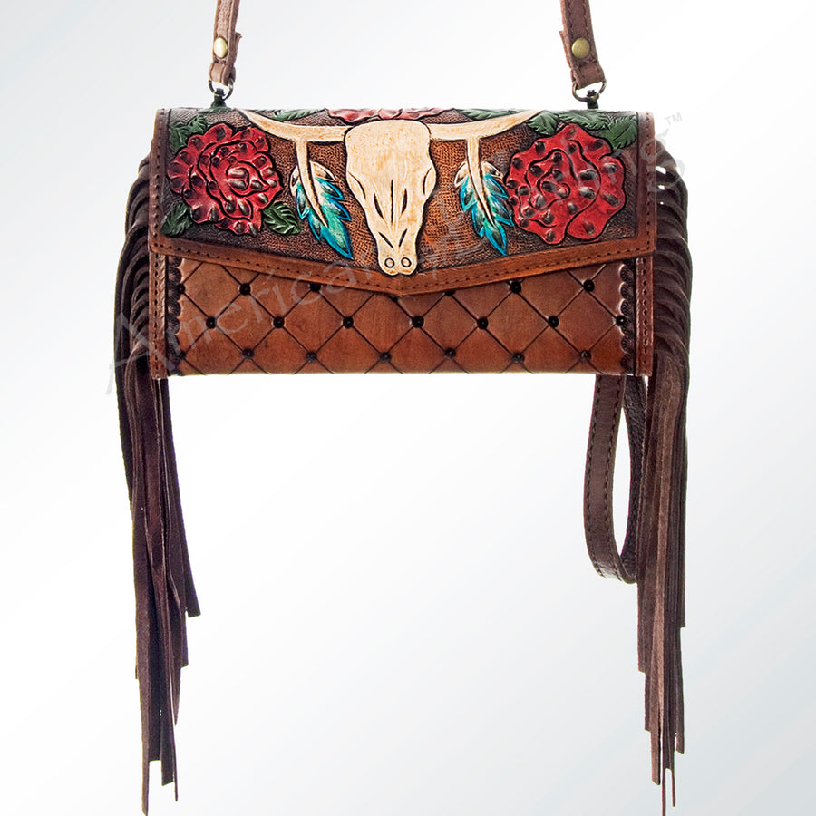 American Darling Hand Tooled Floral Leather Western Wristlet Bag with Fringes - Uhorse