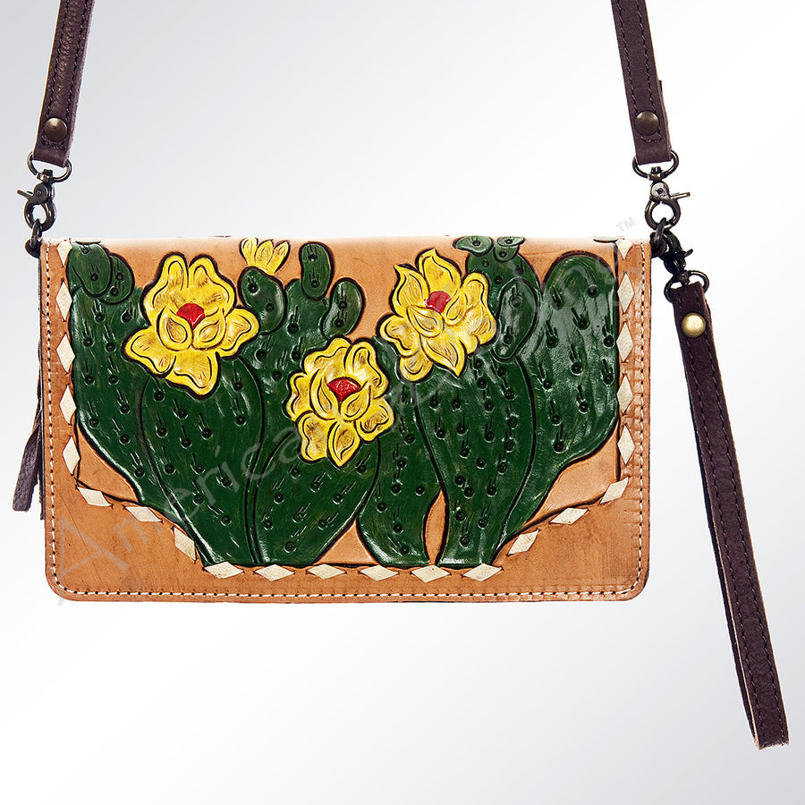 American Darling Wallet Bag Hand Tooled Floral Cactus Carved Genuine Leather Western Purse Buckstitched with YKK Zipper