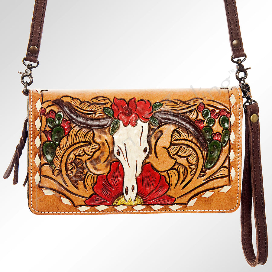 American Darling Organiser Bag Hand Tooled Floral Carved Longhorn Genuine Leather Wallet Buck stitched with YKK Zipper