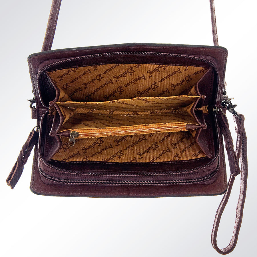 American Darling Organiser Bag Hand Tooled Floral Carved Longhorn Genuine Leather Wallet Buck stitched with YKK Zipper
