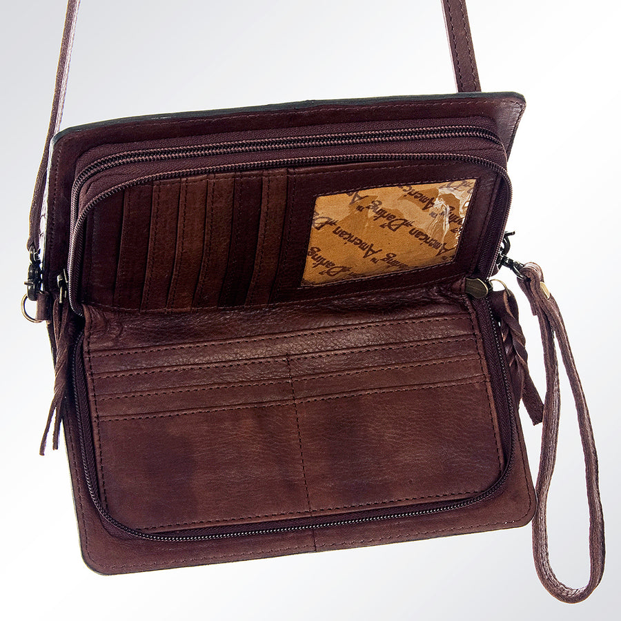 American Darling Organiser Bag Hand Tooled Floral Carved Longhorn Genuine Leather Wallet Buck stitched with YKK Zipper