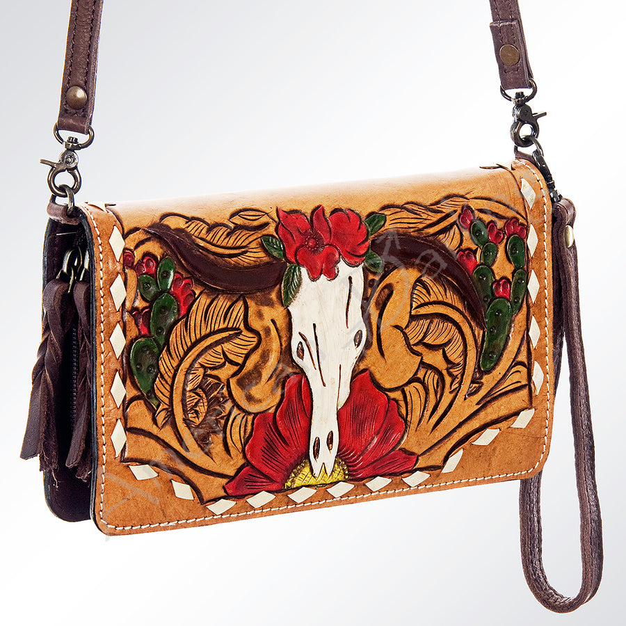American Darling Hand Tooled Floral Leather Western Organiser Bag with Longhorn - Uhorse