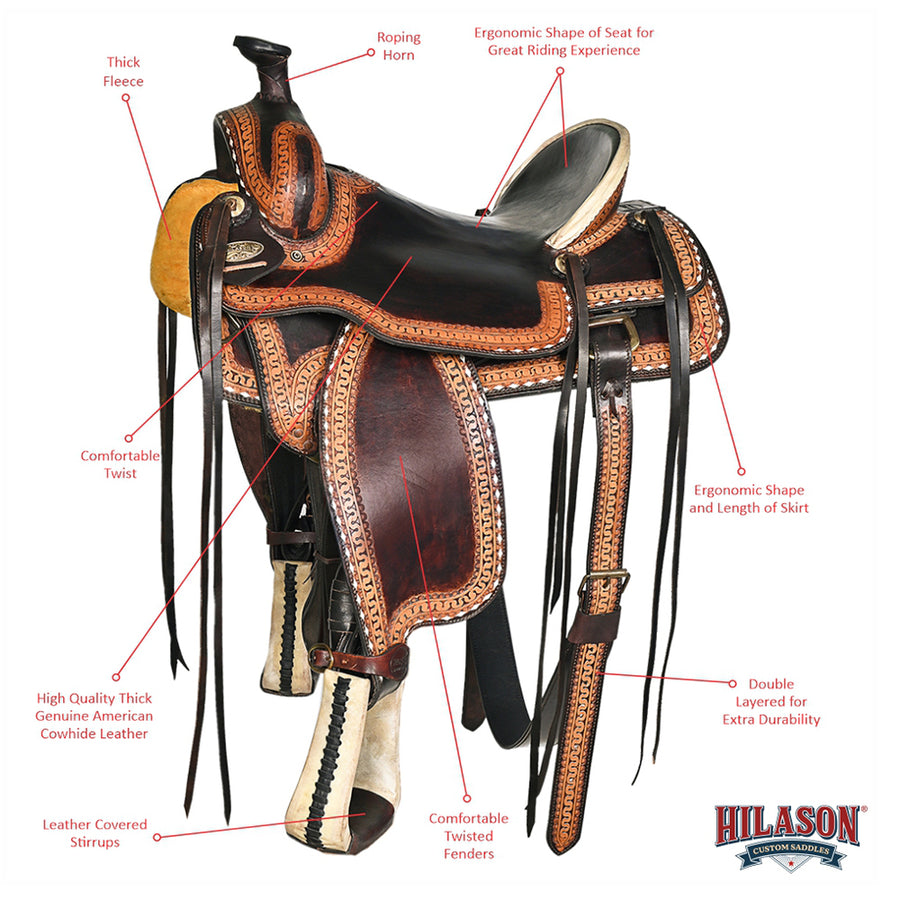 HILASON Western Horse Saddle American Leather Ranch Roping | Hand Tooled Wade & For Horses