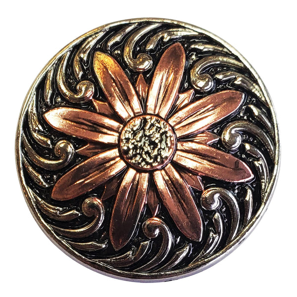 Metal concho with copper flower and scrolled black background - Uhorse