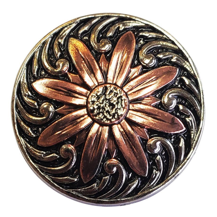 Metal concho with copper flower and scrolled black background - Uhorse