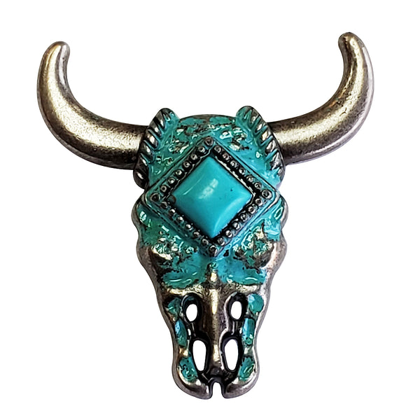 Turquoise stone bull skull brooch with silver horns - Uhorse
