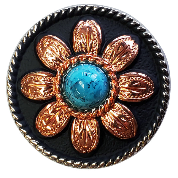 Turquoise stone concho with copper petals on black leather - Uhorse