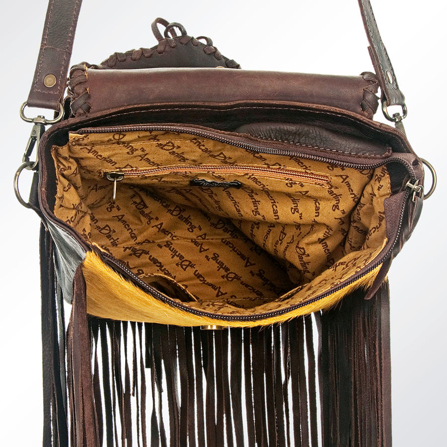 American Darling Cross body Bag Braided Hair-On Cowhide Genuine Leather Purse with Side Fringes and YKK Zipper