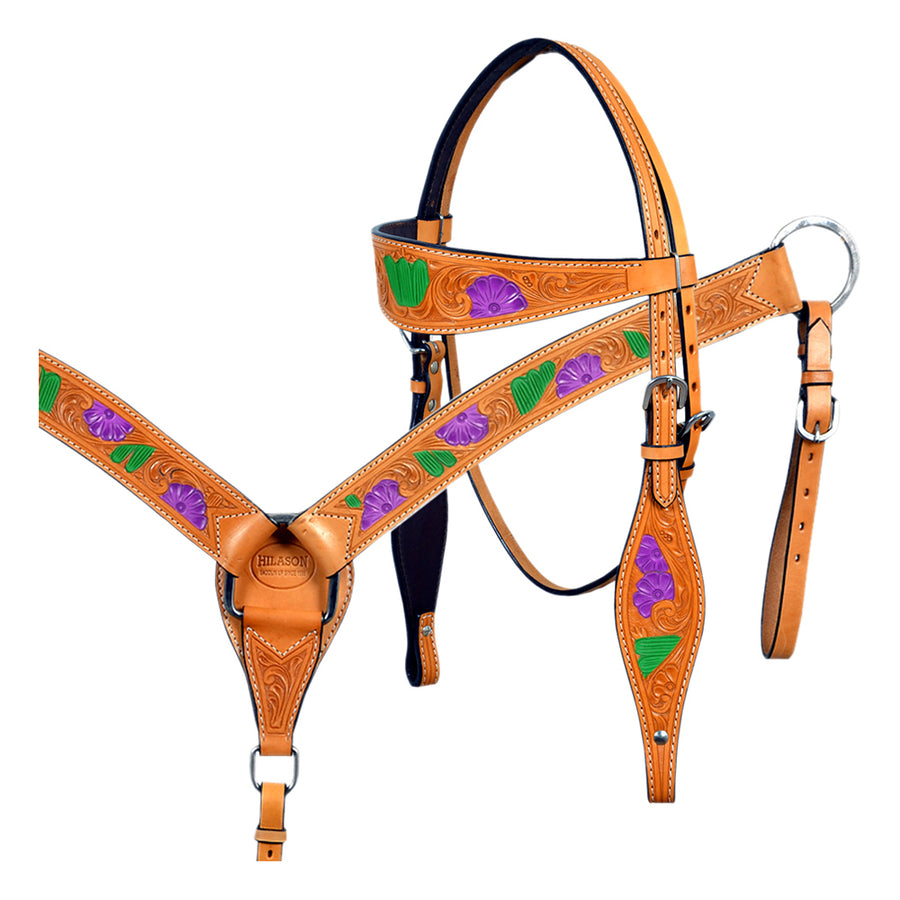 HILASON Western  Horse Leather Headstall & Breast Collar Set Floral Cactus