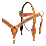 HILASON Western  Horse Leather Headstall & Breast Collar Set Floral Cactus