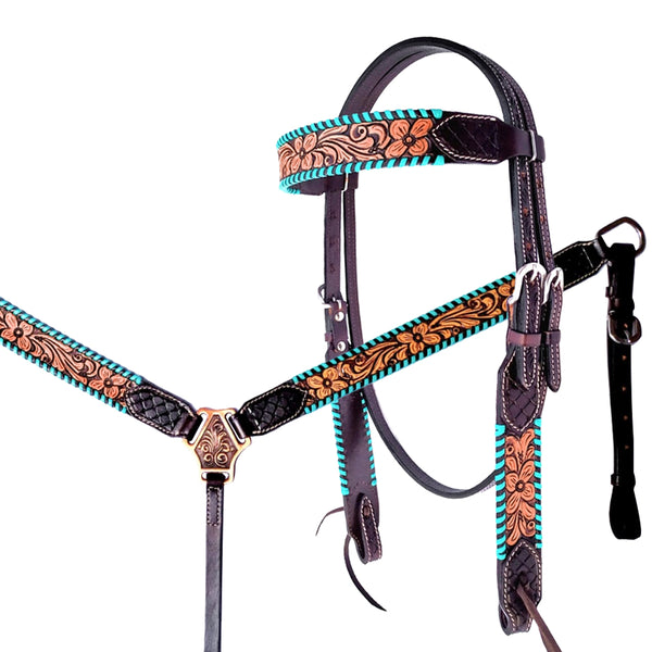 HILASON Western Horse Headstall Breast Collar American Leather with Floral Carving - Uhorse