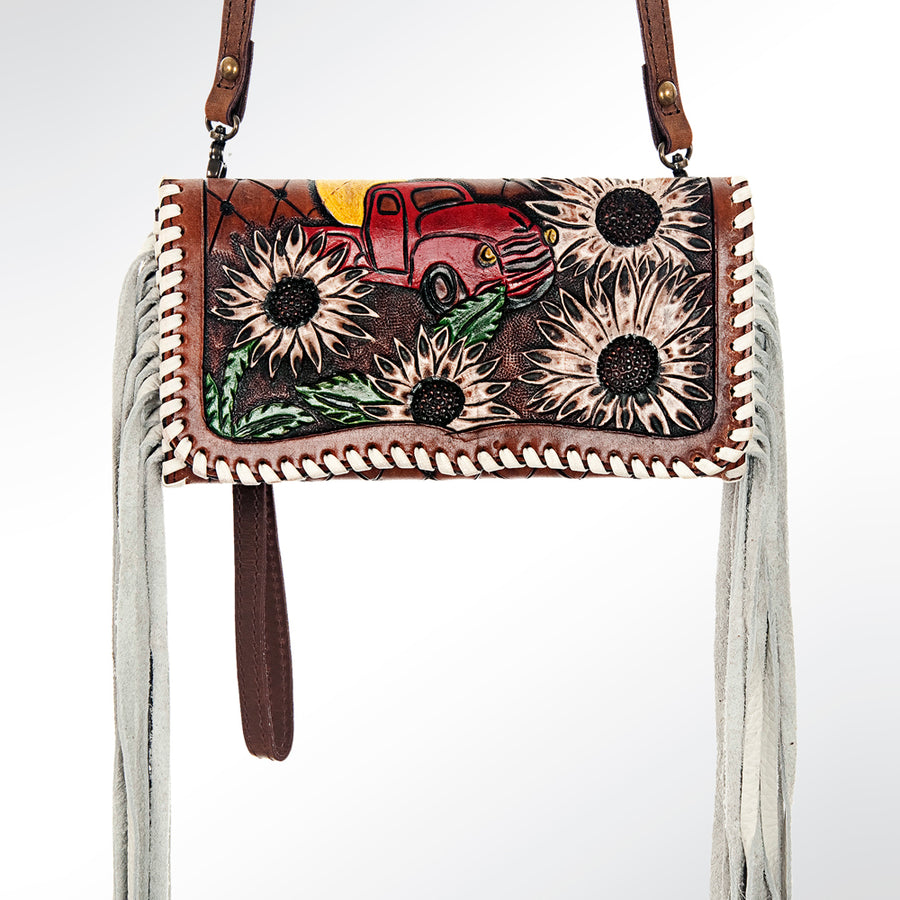 American Darling Organiser Bag Hand Tooled Floral Carved Genuine Leather Western Purse with Fringes and YKK Zipper