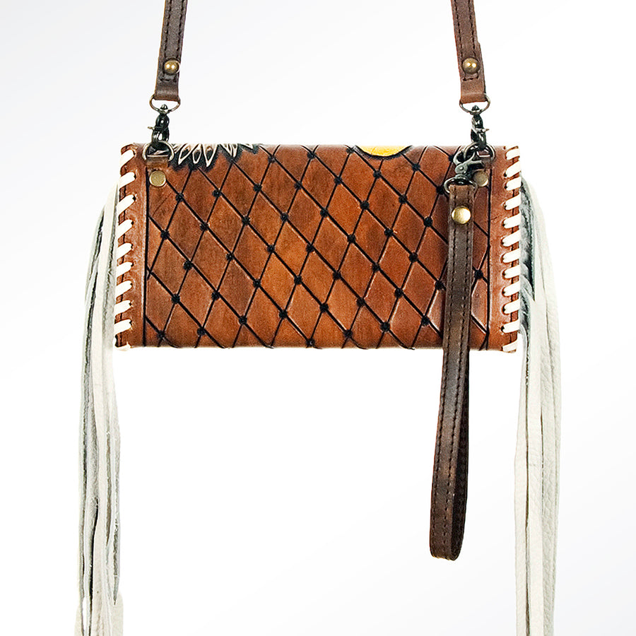 American Darling Organiser Bag Hand Tooled Floral Carved Genuine Leather Western Purse with Fringes and YKK Zipper