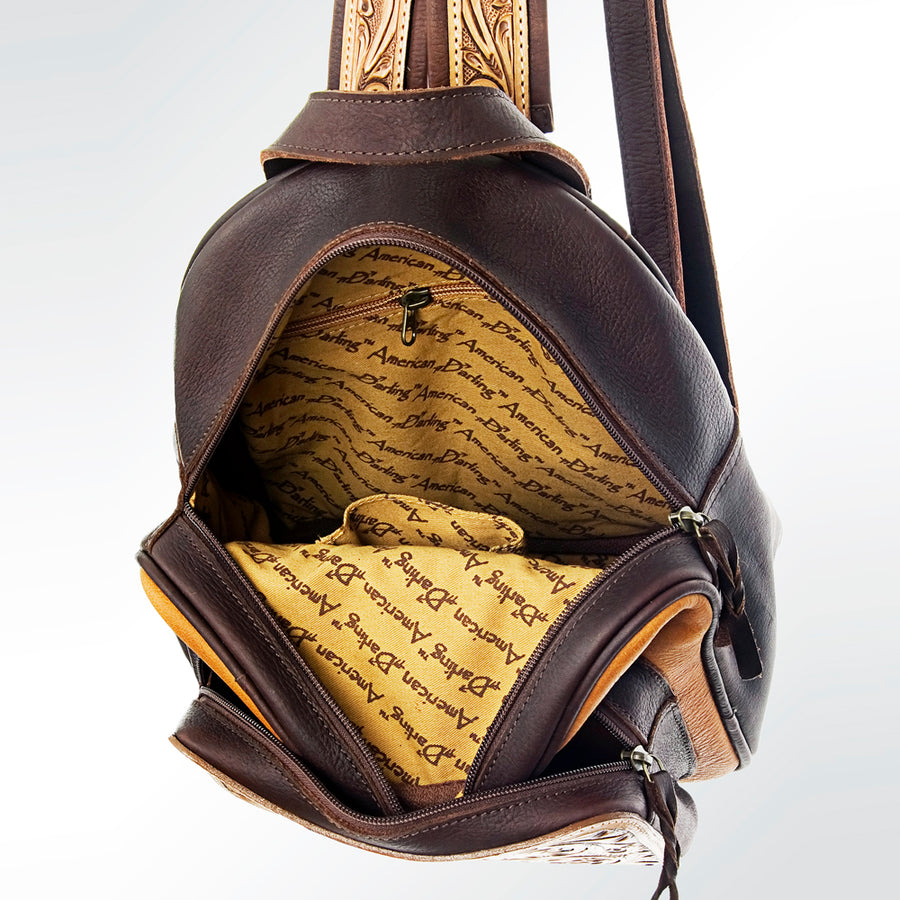 American Darling Backpack Hand Tooled Floral Carved Genuine Leather Western Rucksack Turquoise Concho YKK Zipper