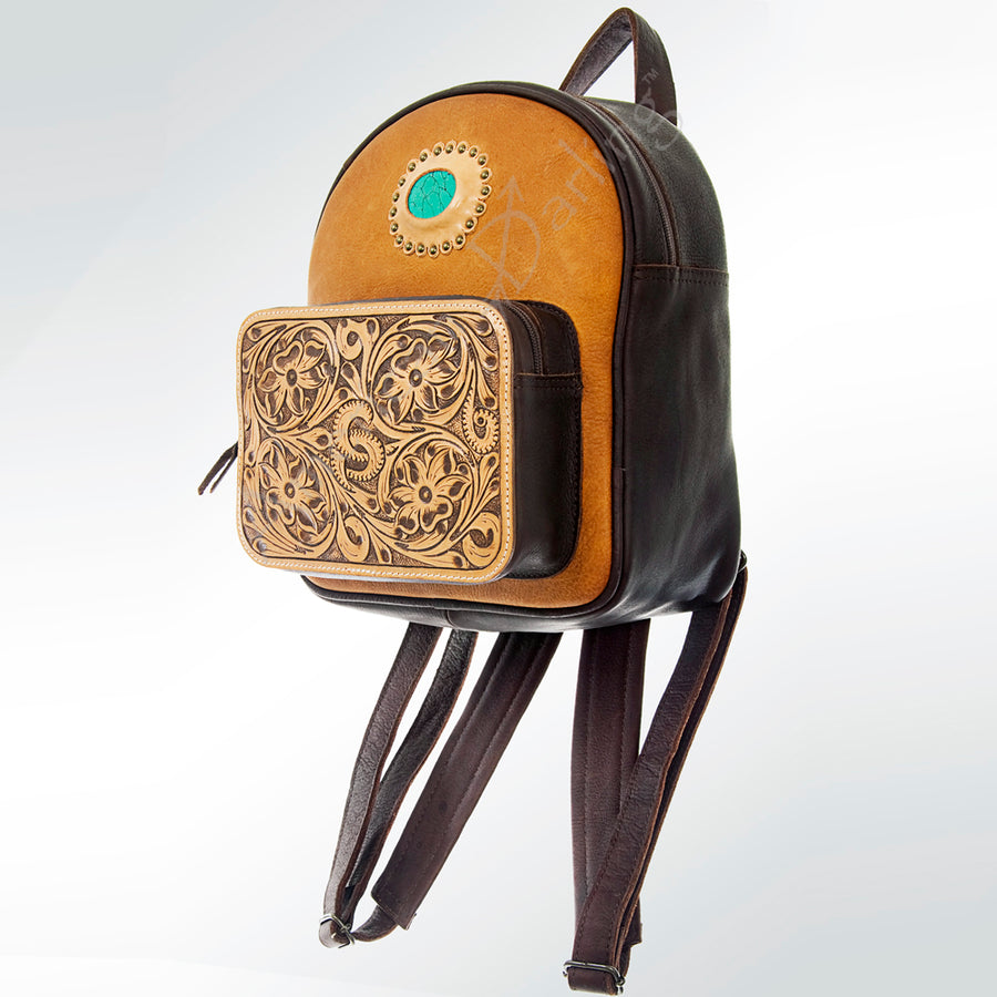 American Darling Hand Tooled Floral Leather Western Backpack with Turquoise Concho - Uhorse