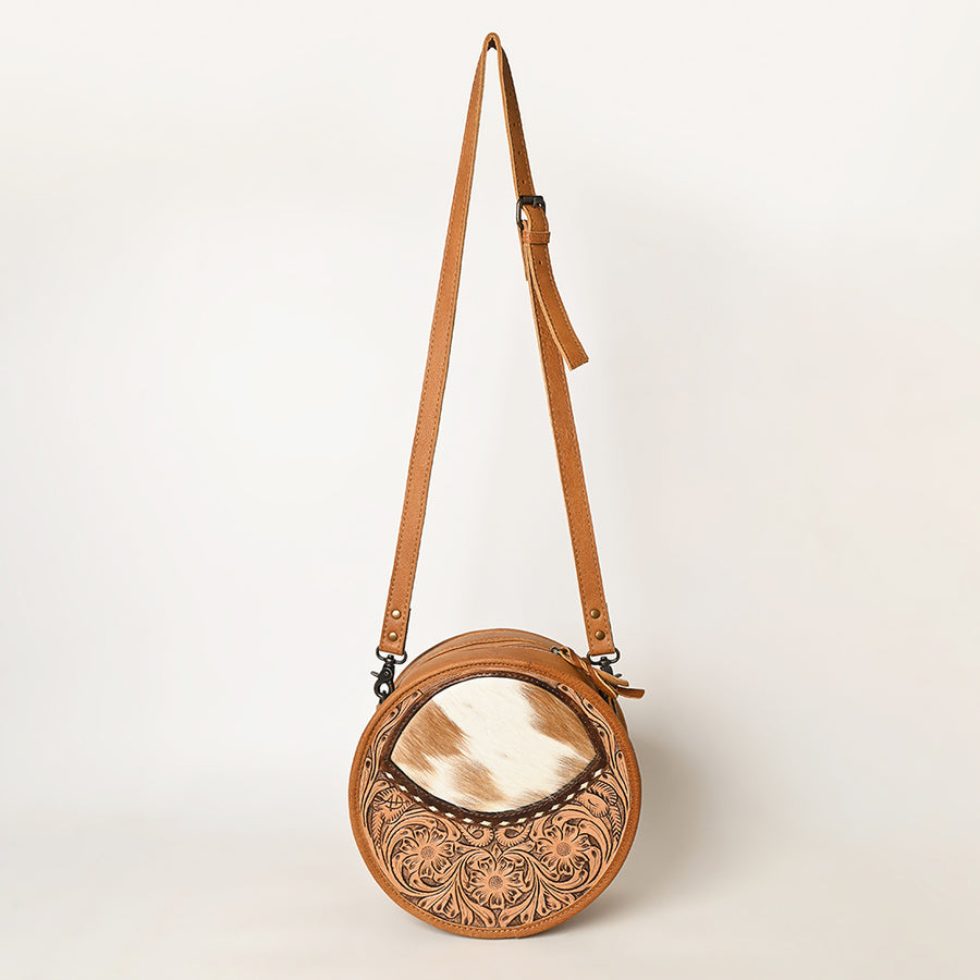American Darling Canteen Bag Hand Tooled Floral Carved Hair-On Cowhide Genuine Leather Purse Buck stitched YKK Zipper