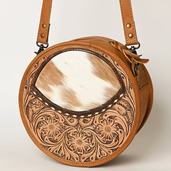 American Darling Hand Tooled Floral Leather and Hair-On Cowhide Western Canteen Bag - Uhorse