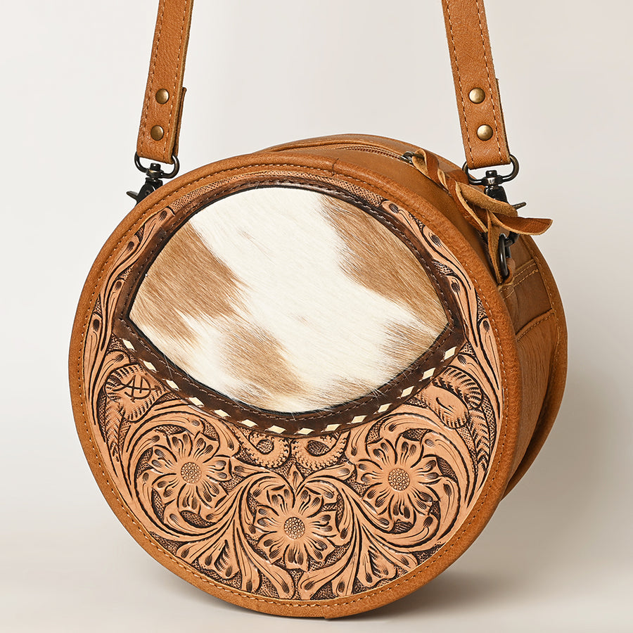American Darling Hand Tooled Floral Leather and Hair-On Cowhide Western Canteen Bag - Uhorse