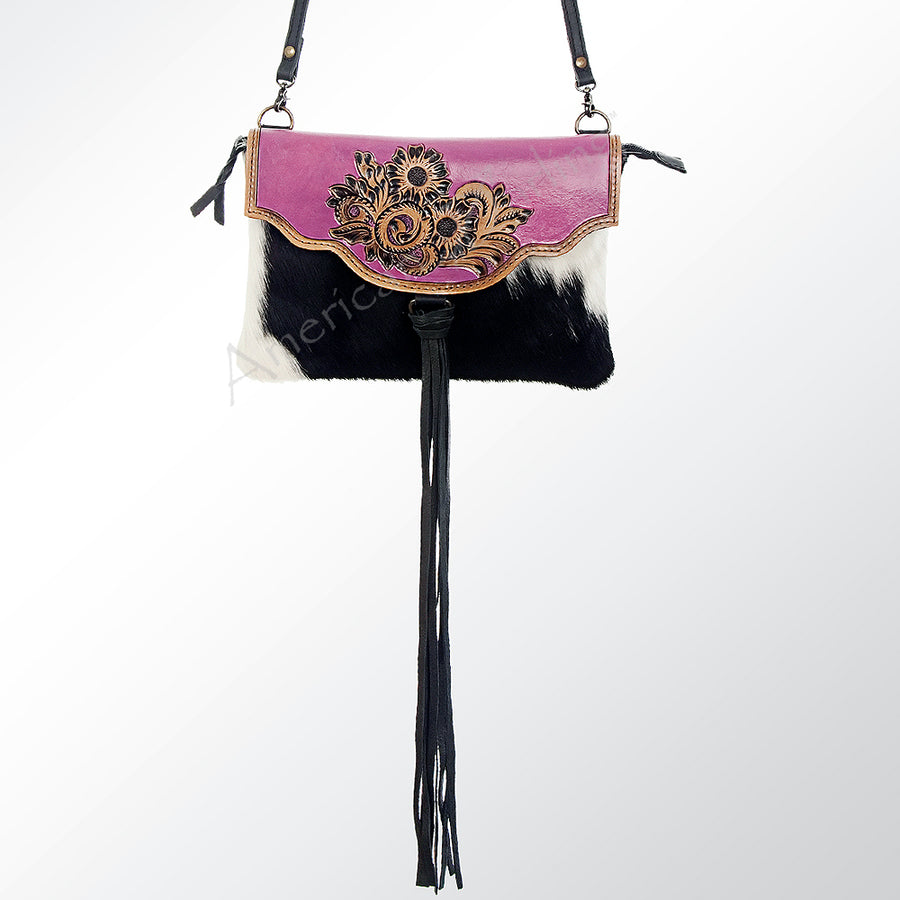 American Darling Hand Tooled Floral Leather and Hair-On Cowhide Western Wallet Bag - Uhorse