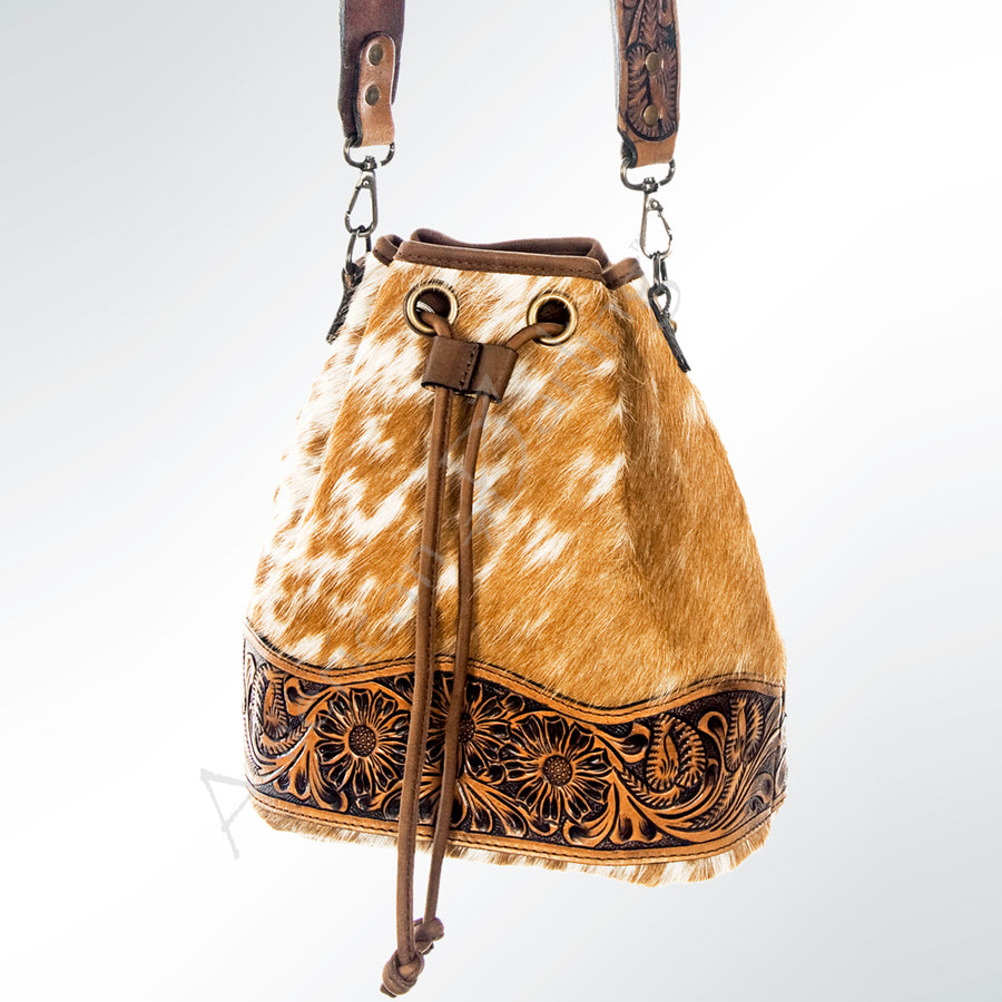 American Darling Hand Tooled Floral Leather and Hair-On Cowhide Western Bucket Bag - Uhorse