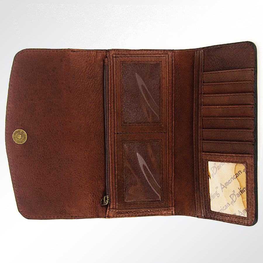 American Darling Wallet Bag Hand Tooled Floral Carved Rose Genuine Leather Purse with YKK Zipper