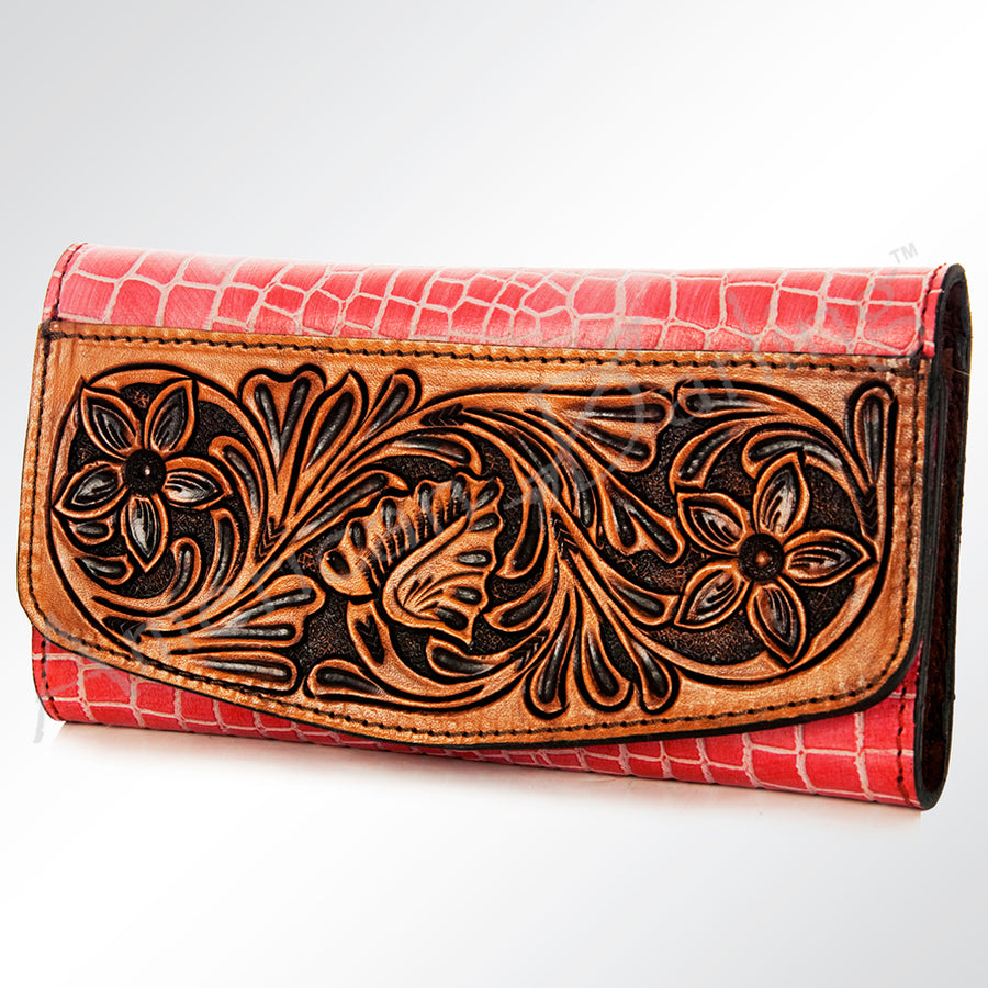 American Darling Hand Tooled Floral Leather Western Wallet Bag with Rose Design - Uhorse