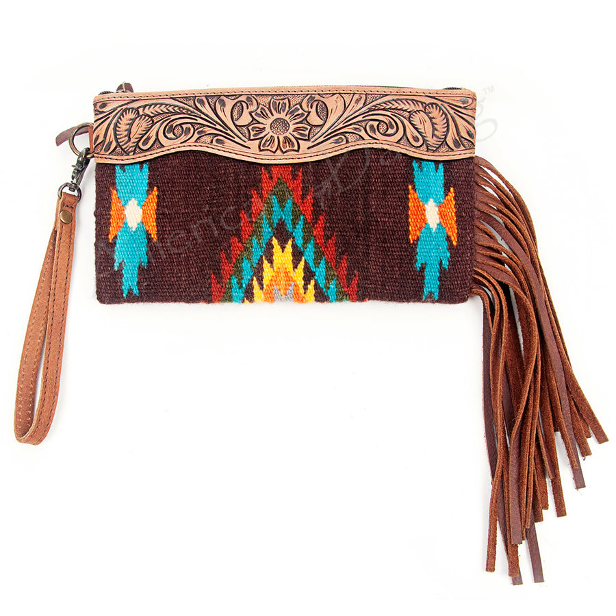 American Darling Hand Tooled Saddle Blanket Wristlet Bag - Uhorse