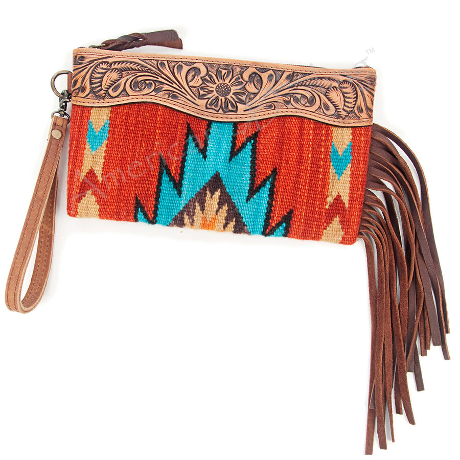 American Darling Hand Tooled Western Leather Wristlet Bag with Fringes and Woven Saddle Blanket - Uhorse