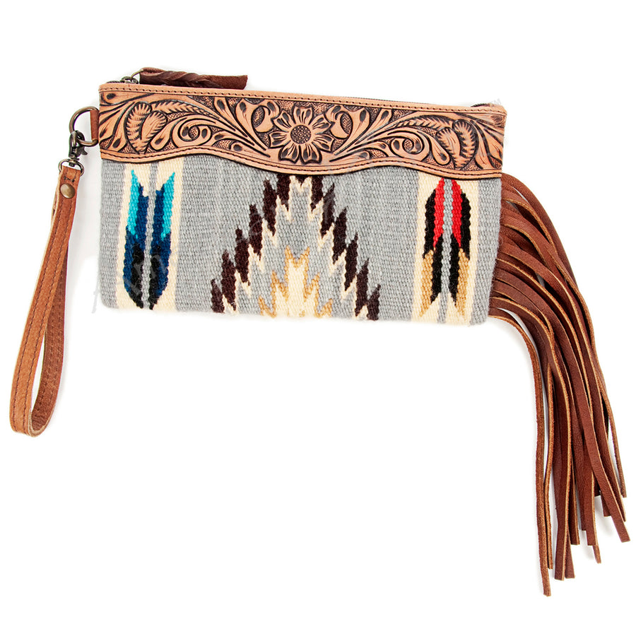 American Darling Hand Tooled Western Leather Wristlet Bag with Fringes and Woven Saddle Blanket - Uhorse
