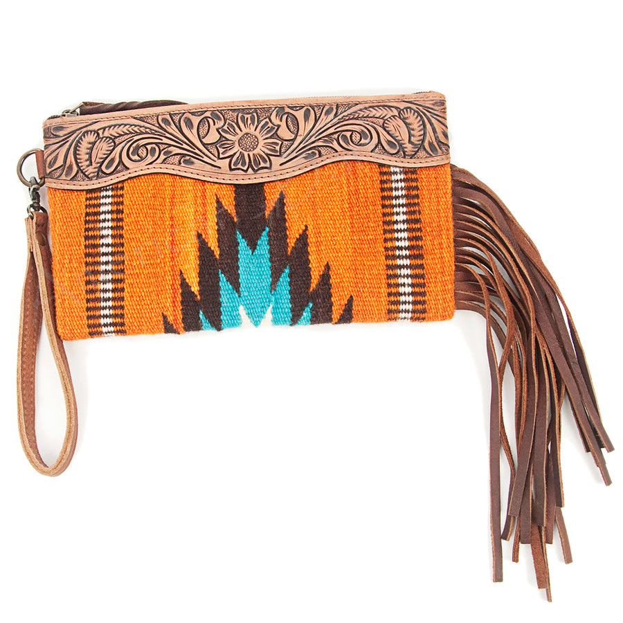 American Darling Hand Tooled Western Leather Wristlet Bag with Fringes and Woven Saddle Blanket - Uhorse
