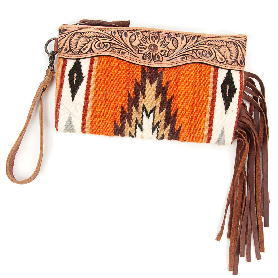 American Darling Hand Tooled Western Leather Wristlet Bag with Fringes and Woven Saddle Blanket - Uhorse