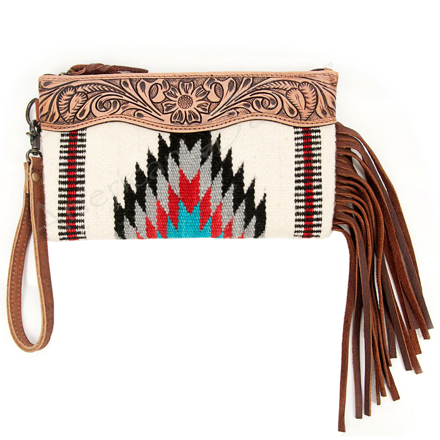 American Darling Hand Tooled Western Leather Wristlet Bag with Fringes and Woven Saddle Blanket - Uhorse