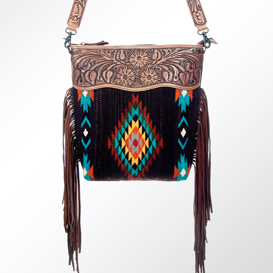 American Darling Signature Cross Body Bag Hand Tooled Floral Carved Leather Woven Saddle Blanket Fringes Genuine Leather